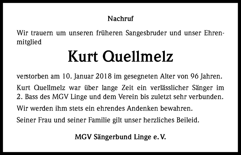  Traueranzeige für Kurt Quellmelz vom 27.01.2018 aus Kölner Stadt-Anzeiger / Kölnische Rundschau / Express