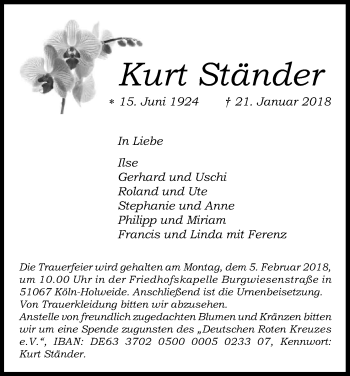 Anzeige von Kurt Ständer von Kölner Stadt-Anzeiger / Kölnische Rundschau / Express