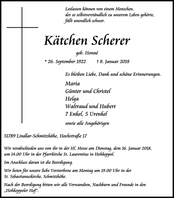 Anzeige von Kätchen Scherer von Kölner Stadt-Anzeiger / Kölnische Rundschau / Express