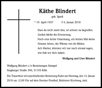 Anzeige von Käthe Blindert von Kölner Stadt-Anzeiger / Kölnische Rundschau / Express