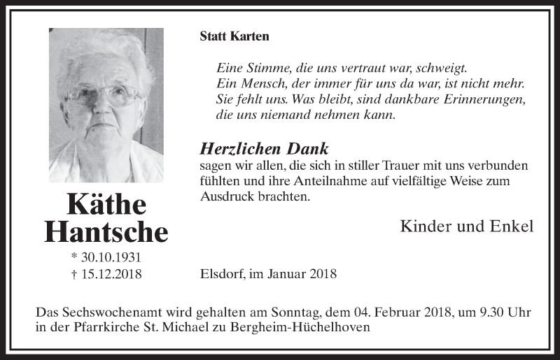  Traueranzeige für Käthe Hantsche vom 27.01.2018 aus  Sonntags-Post 