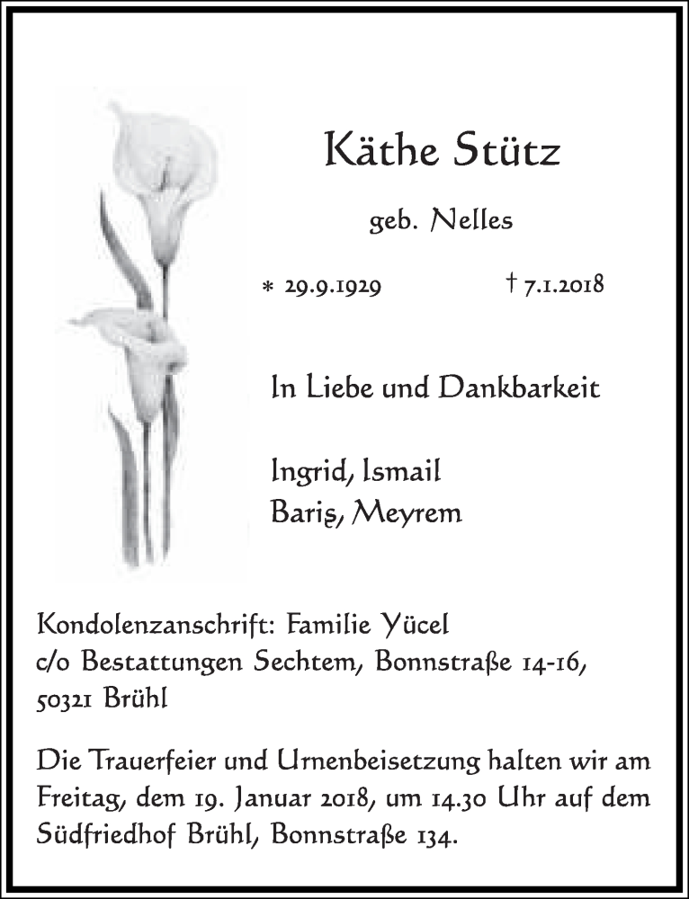  Traueranzeige für Käthe Stütz vom 10.01.2018 aus  Schlossbote/Werbekurier 