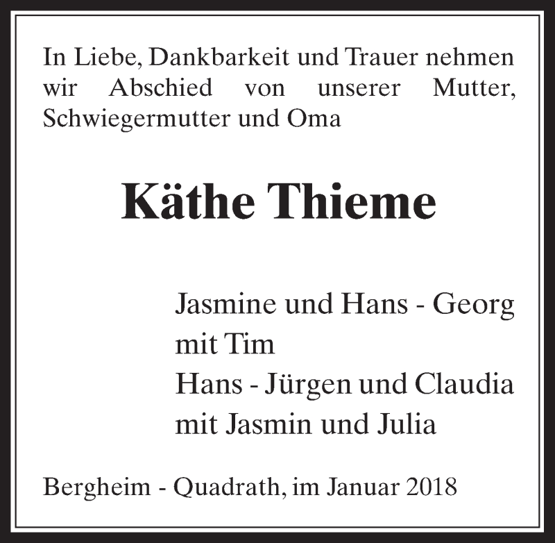  Traueranzeige für Käthe Thieme vom 17.01.2018 aus  Werbepost 