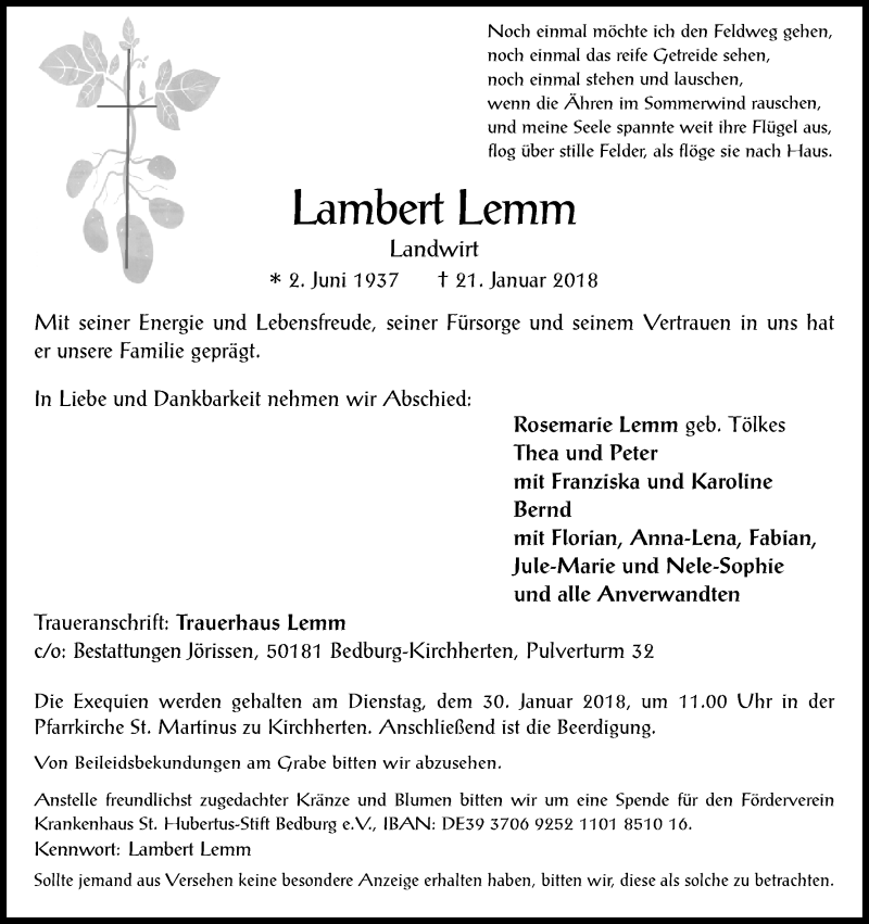  Traueranzeige für Lambert Lemm vom 24.01.2018 aus Kölner Stadt-Anzeiger / Kölnische Rundschau / Express