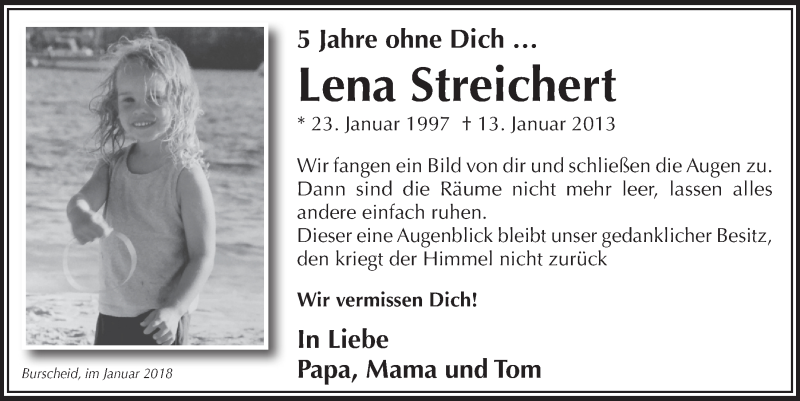  Traueranzeige für Lena Streichert vom 13.01.2018 aus  Leverkusener Wochenende 