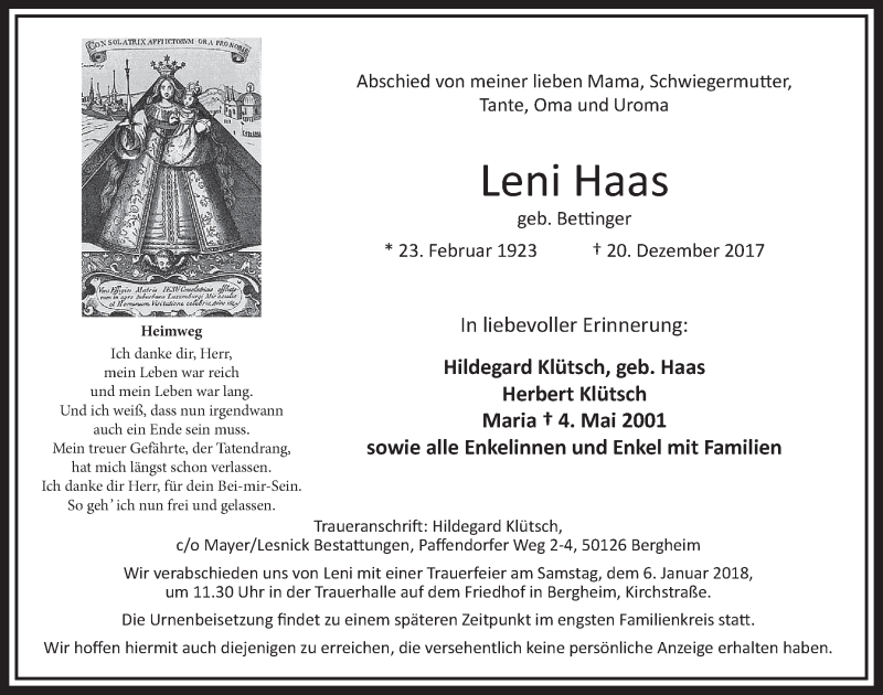  Traueranzeige für Leni Haas vom 03.01.2018 aus  Werbepost 