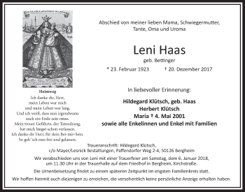 Anzeige von Leni Haas von  Werbepost 