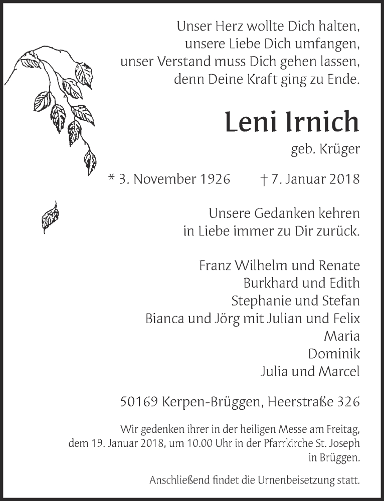  Traueranzeige für Leni Irnich vom 17.01.2018 aus  Werbepost 