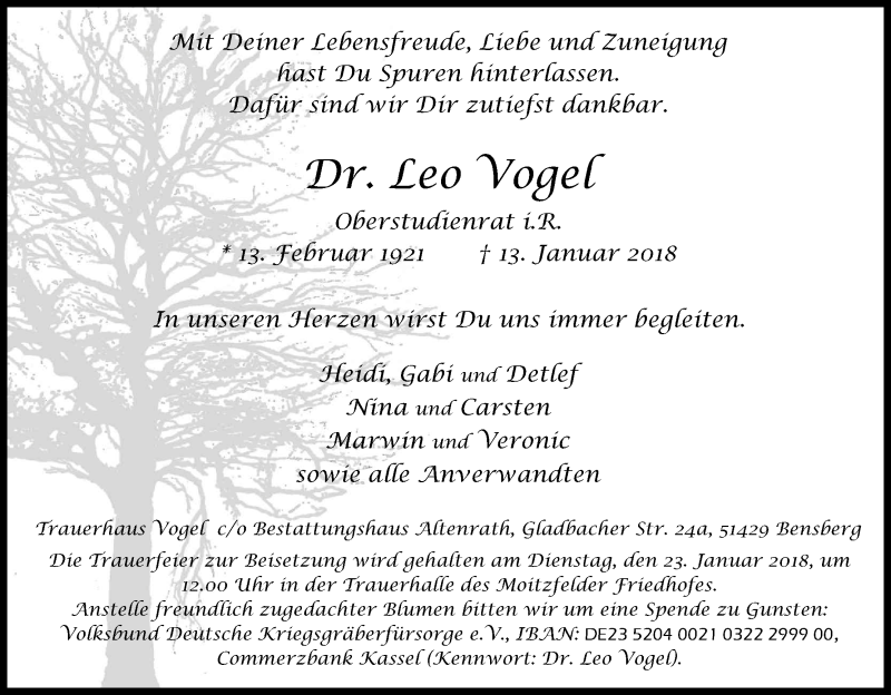  Traueranzeige für Leo Vogel vom 17.01.2018 aus Kölner Stadt-Anzeiger / Kölnische Rundschau / Express