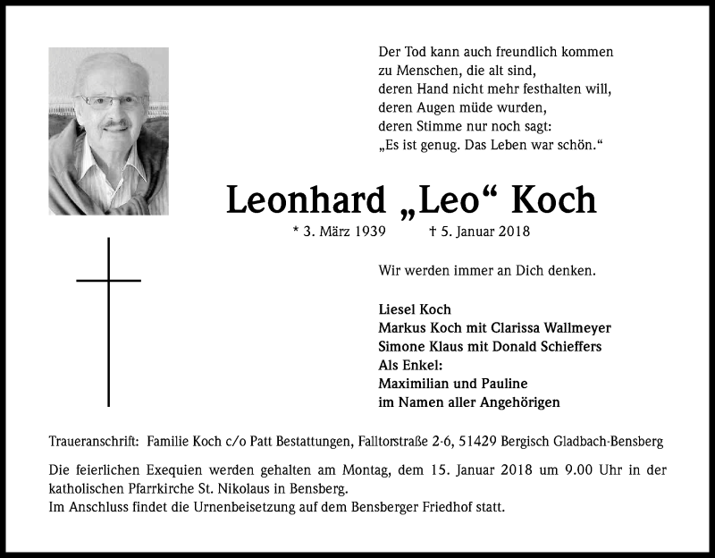  Traueranzeige für Leonard Koch vom 12.01.2018 aus Kölner Stadt-Anzeiger / Kölnische Rundschau / Express