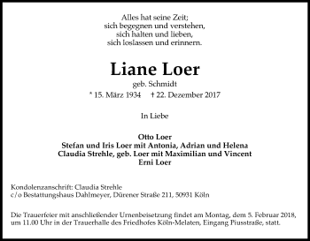 Anzeige von Liane Loer von Kölner Stadt-Anzeiger / Kölnische Rundschau / Express