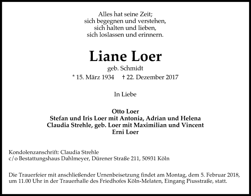  Traueranzeige für Liane Loer vom 27.01.2018 aus Kölner Stadt-Anzeiger / Kölnische Rundschau / Express