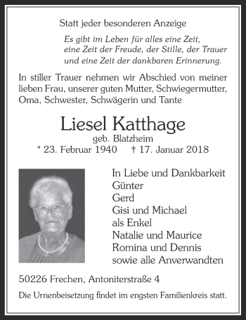 Anzeige von Liesel Katthage von  Wochenende 