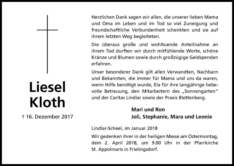  Traueranzeige für Liesel Kloth vom 20.01.2018 aus Kölner Stadt-Anzeiger / Kölnische Rundschau / Express