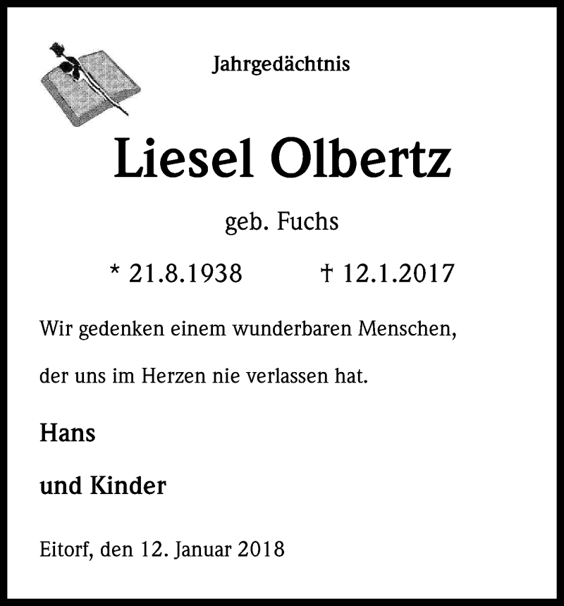  Traueranzeige für Liesel Olbertz vom 12.01.2018 aus Kölner Stadt-Anzeiger / Kölnische Rundschau / Express