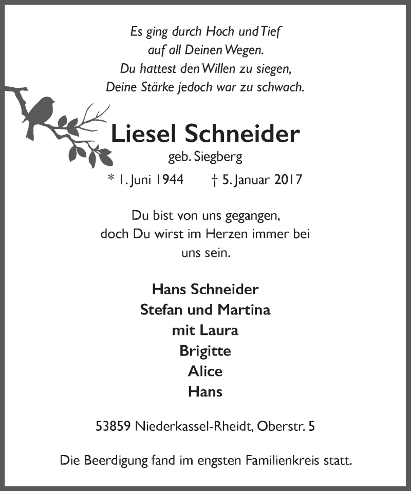  Traueranzeige für Liesel Schneider vom 24.01.2018 aus  Extra Blatt 