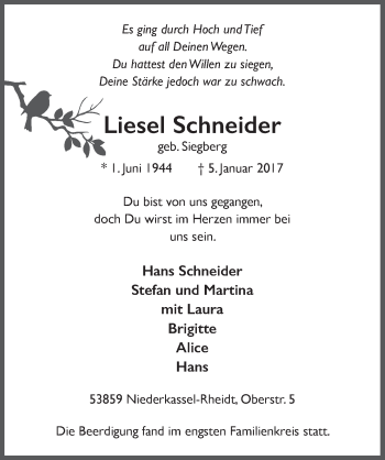 Anzeige von Liesel Schneider von  Extra Blatt 