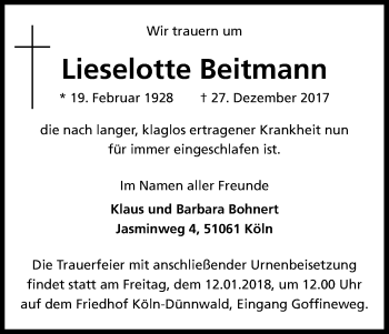 Anzeige von Lieselotte Beitmann von Kölner Stadt-Anzeiger / Kölnische Rundschau / Express