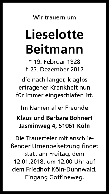 Anzeige von Lieselotte Beitmann von Kölner Stadt-Anzeiger / Kölnische Rundschau / Express