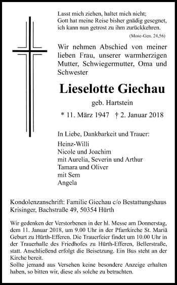 Anzeige von Lieselotte Giechau von Kölner Stadt-Anzeiger / Kölnische Rundschau / Express