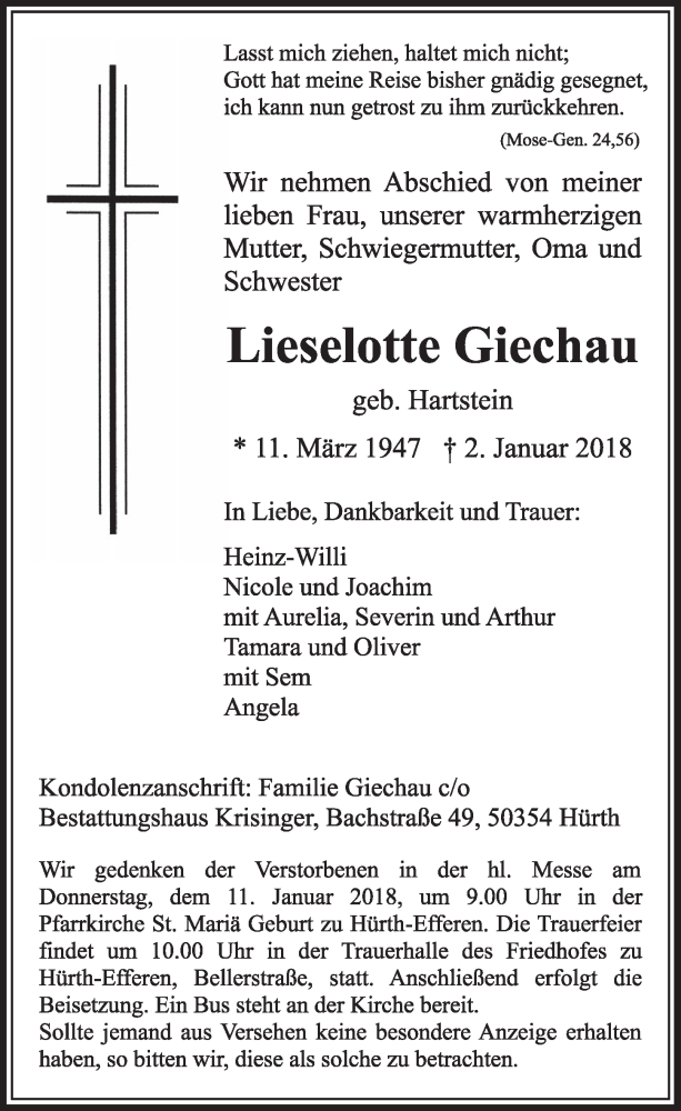  Traueranzeige für Lieselotte Giechau vom 06.01.2018 aus  Sonntags-Post 