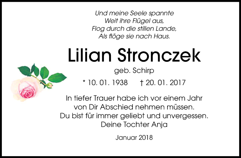  Traueranzeige für Lilian Stronczek vom 20.01.2018 aus Kölner Stadt-Anzeiger / Kölnische Rundschau / Express