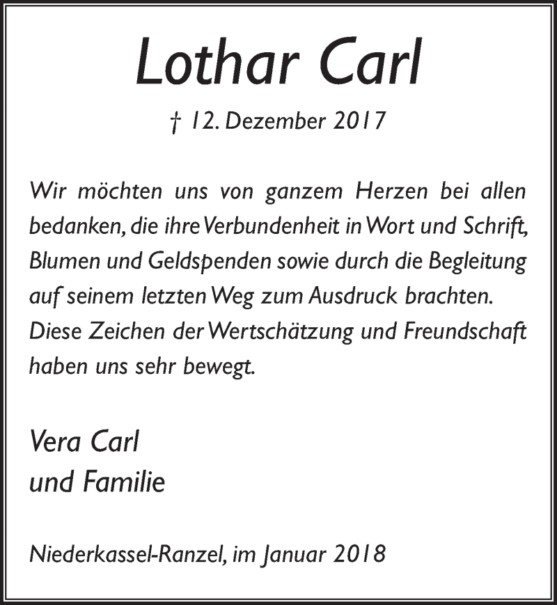  Traueranzeige für Lothar Carl vom 10.01.2018 aus  Extra Blatt 
