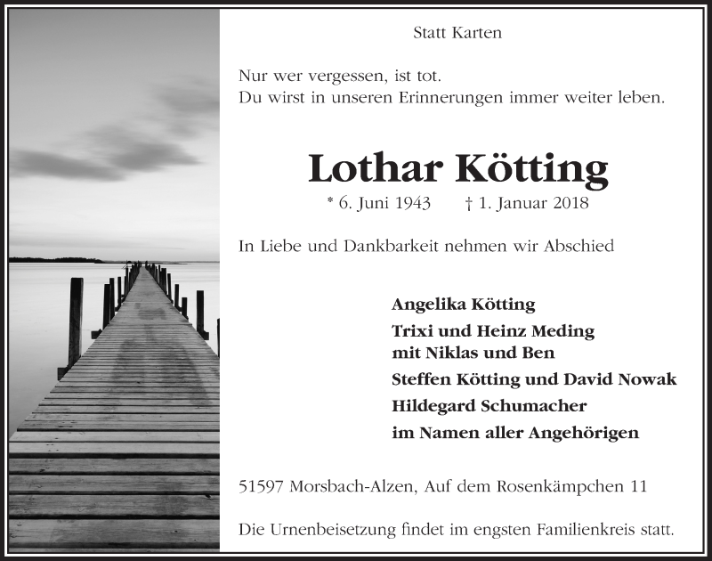  Traueranzeige für Lothar Kötting vom 10.01.2018 aus  Lokalanzeiger 