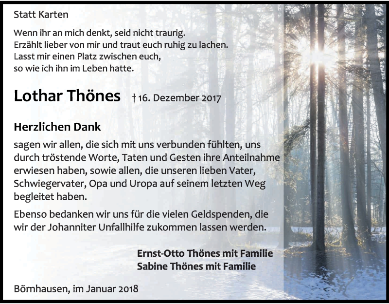  Traueranzeige für Lothar Thönes vom 27.01.2018 aus Kölner Stadt-Anzeiger / Kölnische Rundschau / Express