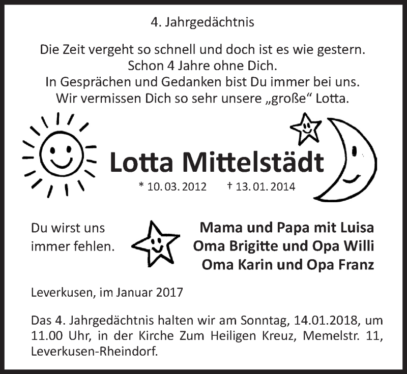  Traueranzeige für Lotta Mittelstädt vom 10.01.2018 aus  Lokale Informationen 