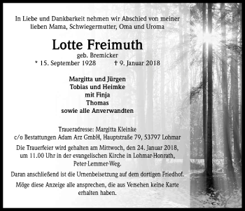 Anzeige von Lotte Freimuth von Kölner Stadt-Anzeiger / Kölnische Rundschau / Express