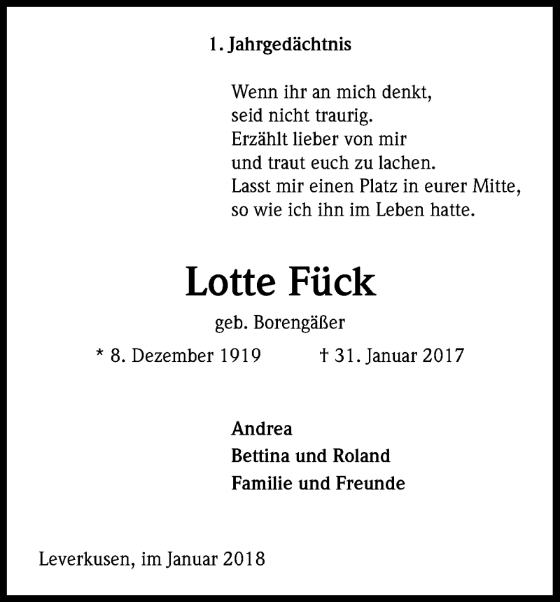  Traueranzeige für Lotte Fück vom 31.01.2018 aus Kölner Stadt-Anzeiger / Kölnische Rundschau / Express