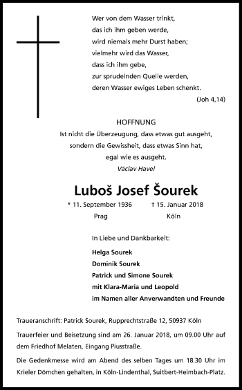 Anzeige von Lubos Josef Sourek von Kölner Stadt-Anzeiger / Kölnische Rundschau / Express