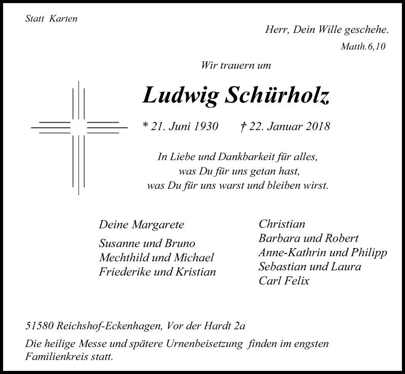  Traueranzeige für Ludwig Schürholz vom 27.01.2018 aus Kölner Stadt-Anzeiger / Kölnische Rundschau / Express