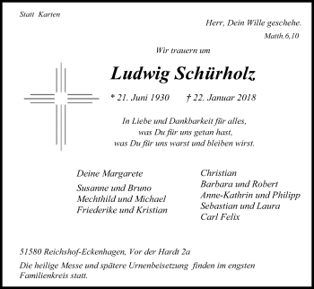 Anzeige von Ludwig Schürholz von Kölner Stadt-Anzeiger / Kölnische Rundschau / Express