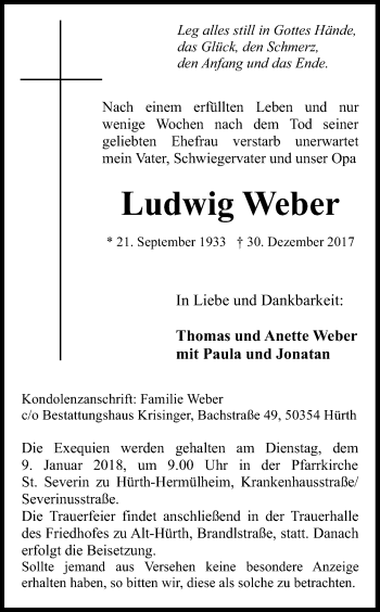 Anzeige von Ludwig Weber von Kölner Stadt-Anzeiger / Kölnische Rundschau / Express