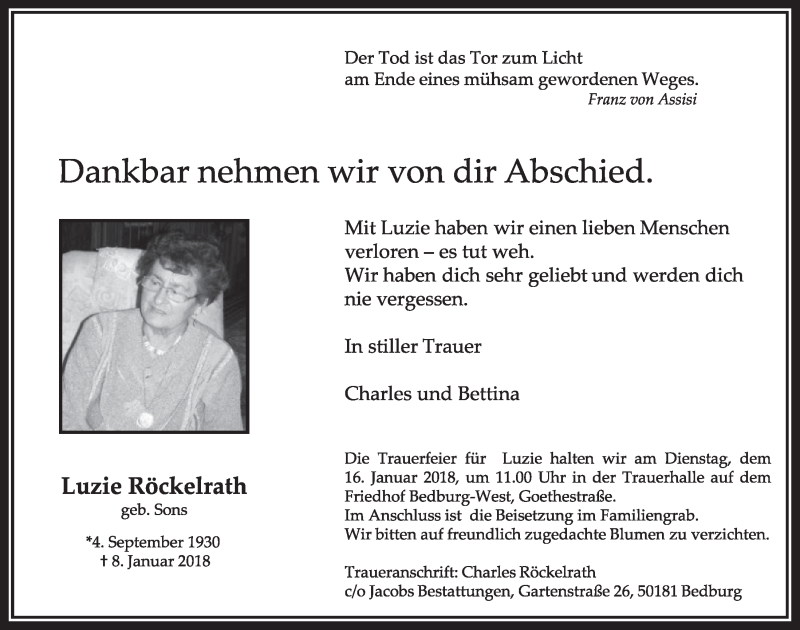  Traueranzeige für Luzie Röckelrath vom 13.01.2018 aus  Sonntags-Post 