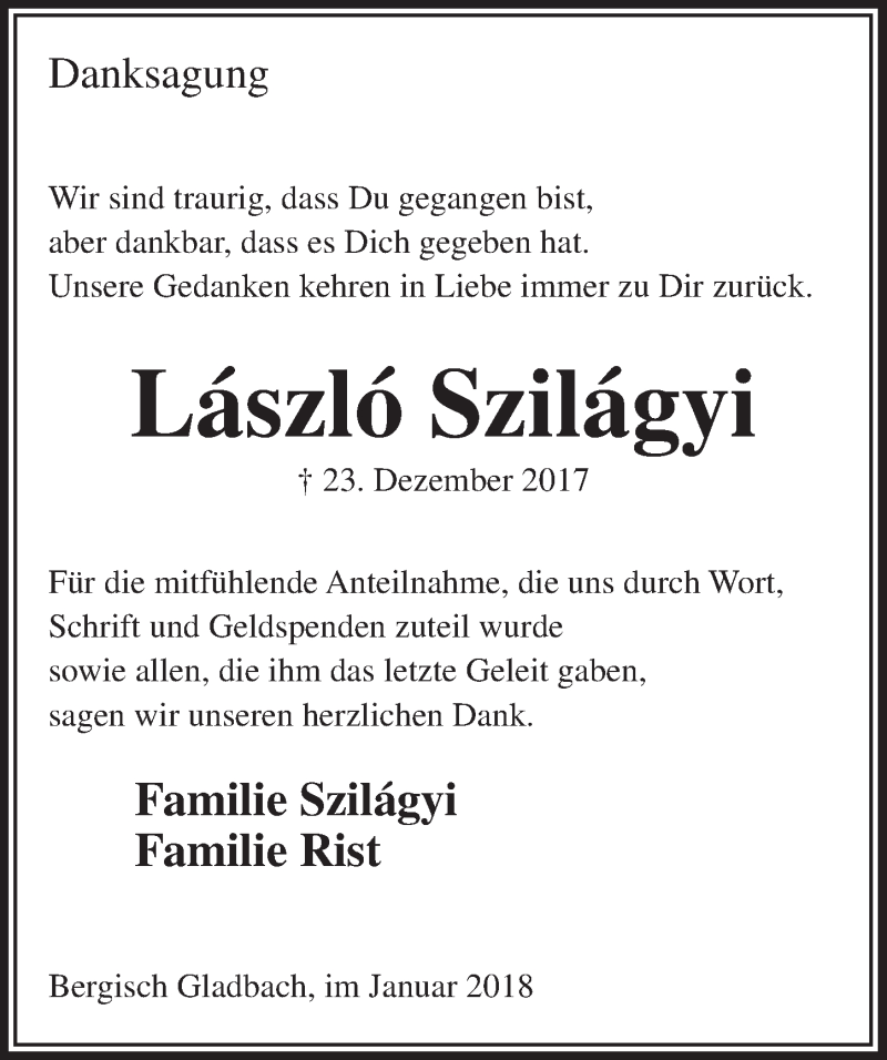  Traueranzeige für László Szilágyi vom 24.01.2018 aus  Bergisches Handelsblatt 