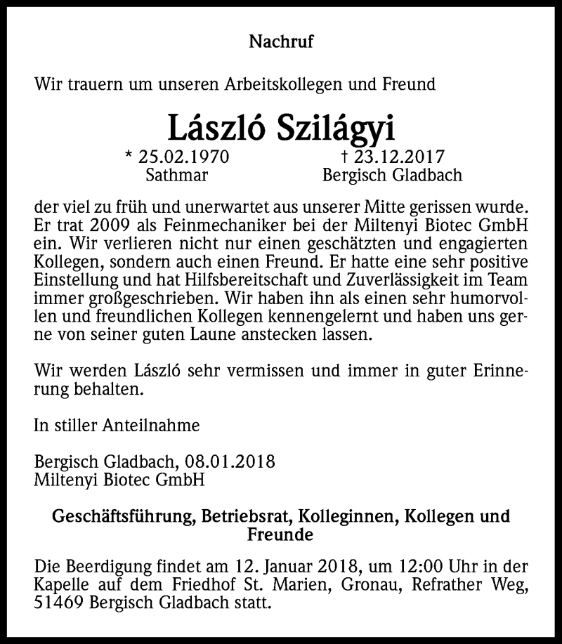  Traueranzeige für László Szilágyi vom 10.01.2018 aus Kölner Stadt-Anzeiger / Kölnische Rundschau / Express