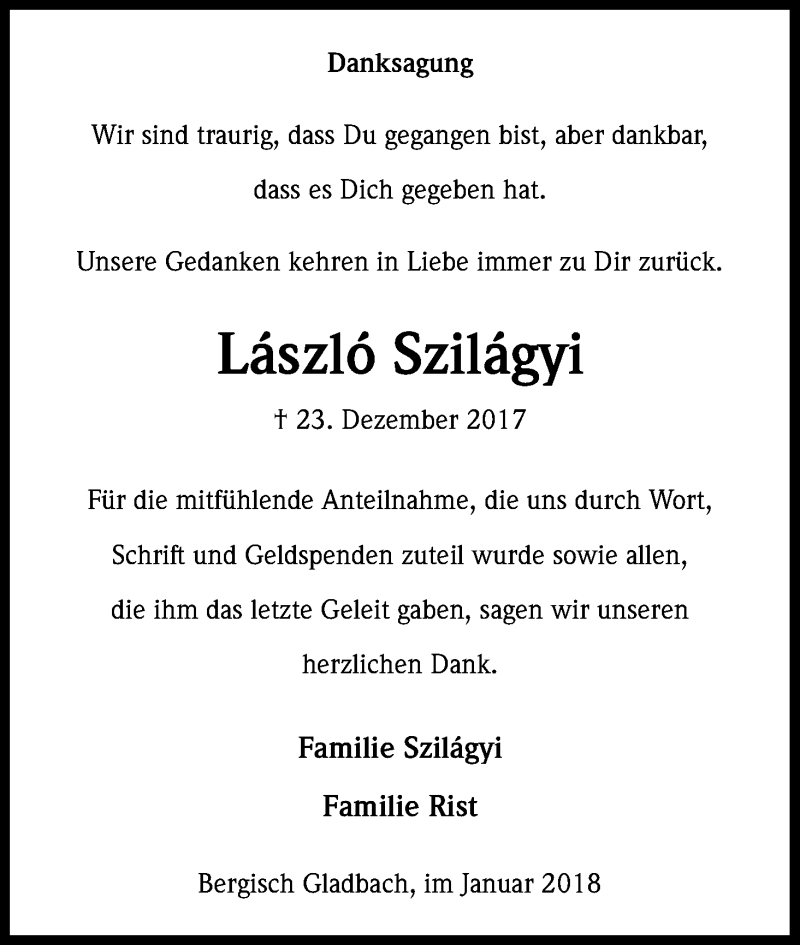  Traueranzeige für László Szilágyi vom 20.01.2018 aus Kölner Stadt-Anzeiger / Kölnische Rundschau / Express