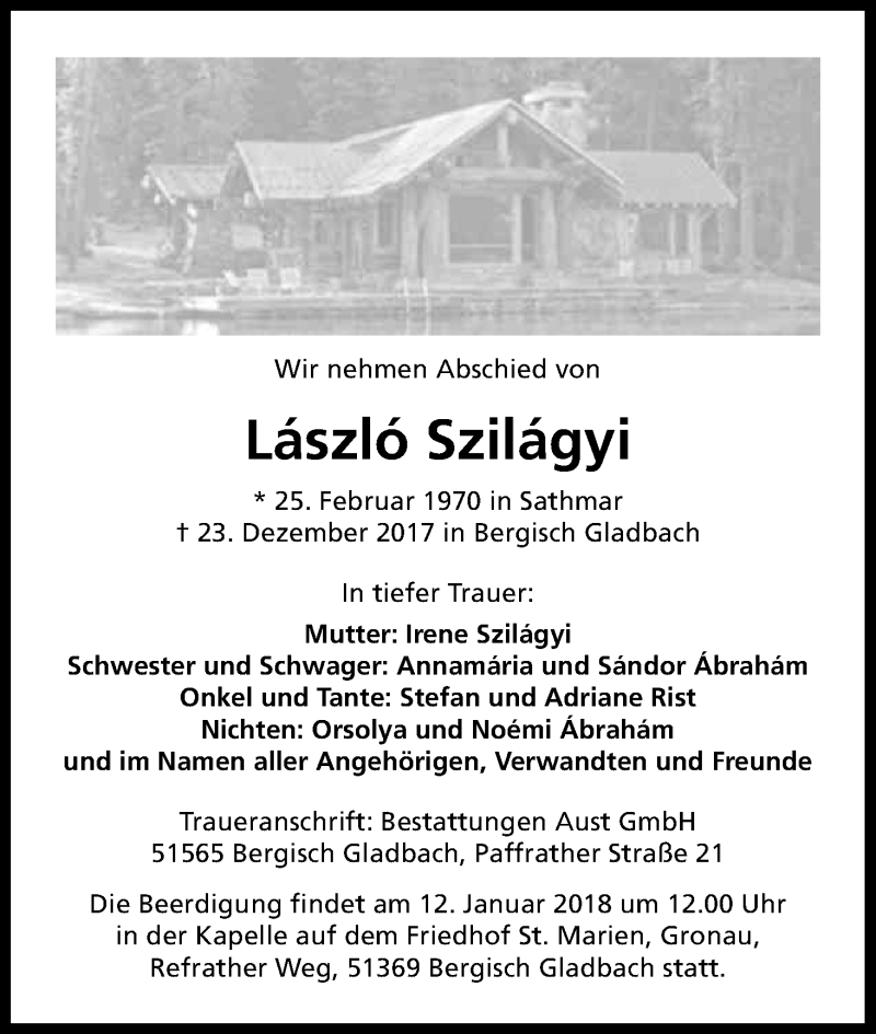  Traueranzeige für László Szilágyi vom 06.01.2018 aus Kölner Stadt-Anzeiger / Kölnische Rundschau / Express