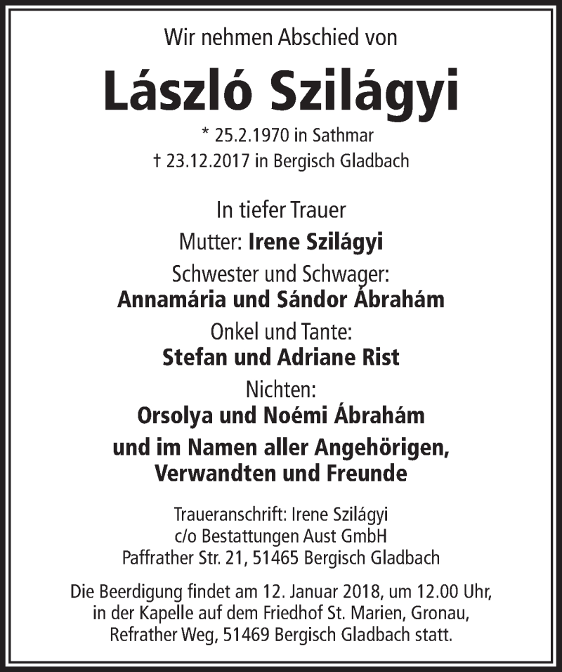  Traueranzeige für László Szilágyi vom 10.01.2018 aus  Bergisches Handelsblatt 
