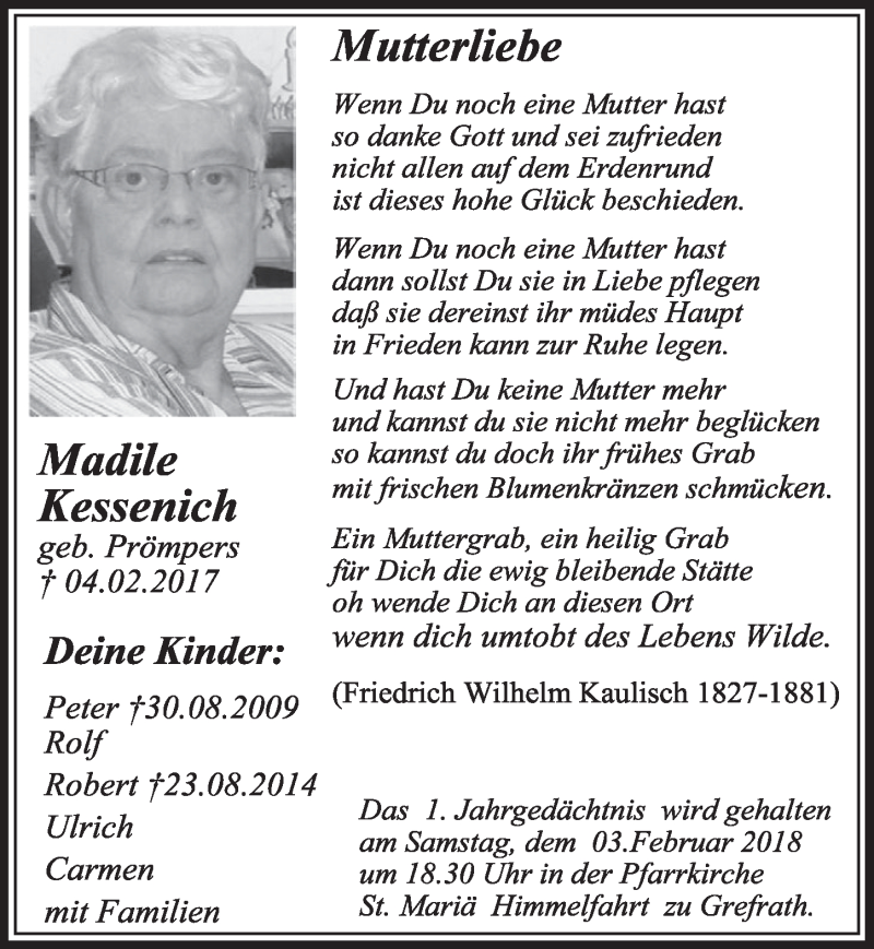  Traueranzeige für Madile Kessenich vom 20.01.2018 aus  Sonntags-Post 