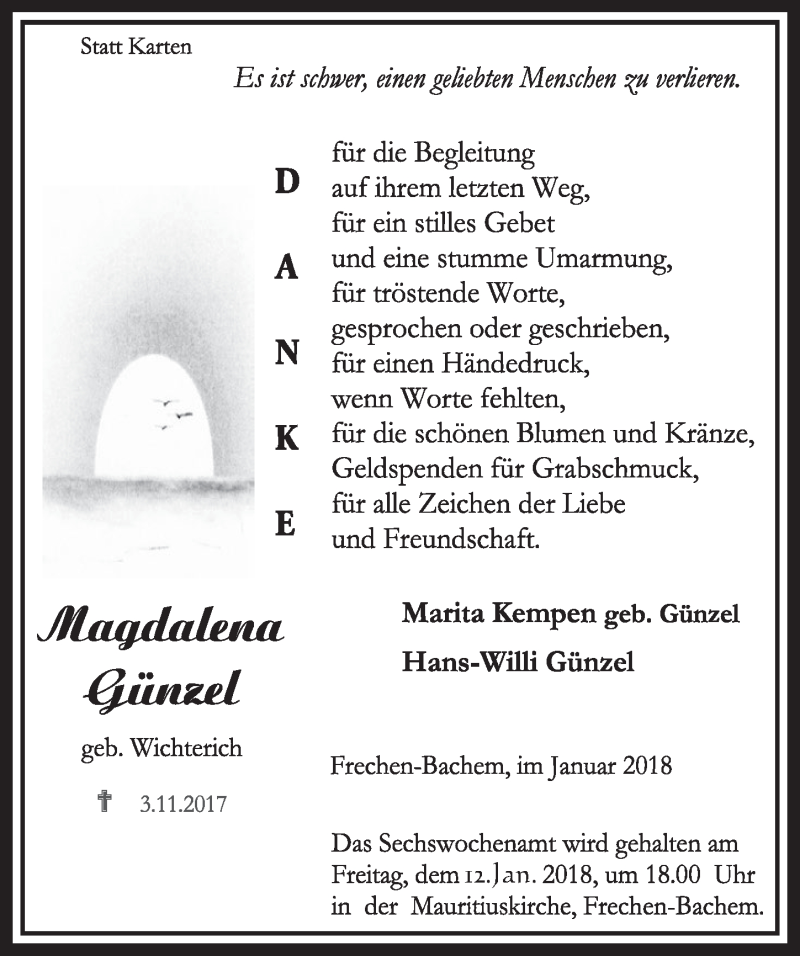  Traueranzeige für Magdalena Günzel vom 10.01.2018 aus  Wochenende 