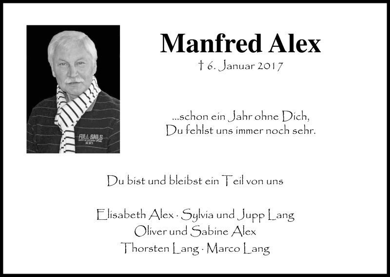  Traueranzeige für Manfred Alex vom 06.01.2018 aus Kölner Stadt-Anzeiger / Kölnische Rundschau / Express