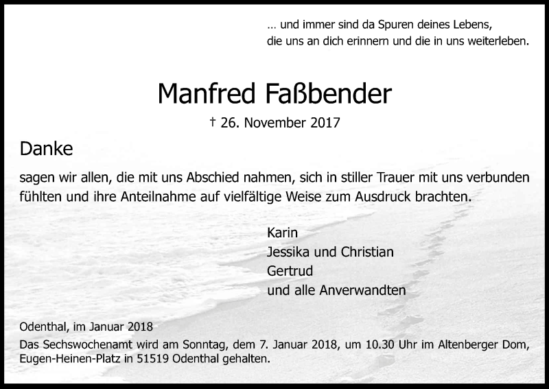  Traueranzeige für Manfred Faßbender vom 03.01.2018 aus Kölner Stadt-Anzeiger / Kölnische Rundschau / Express