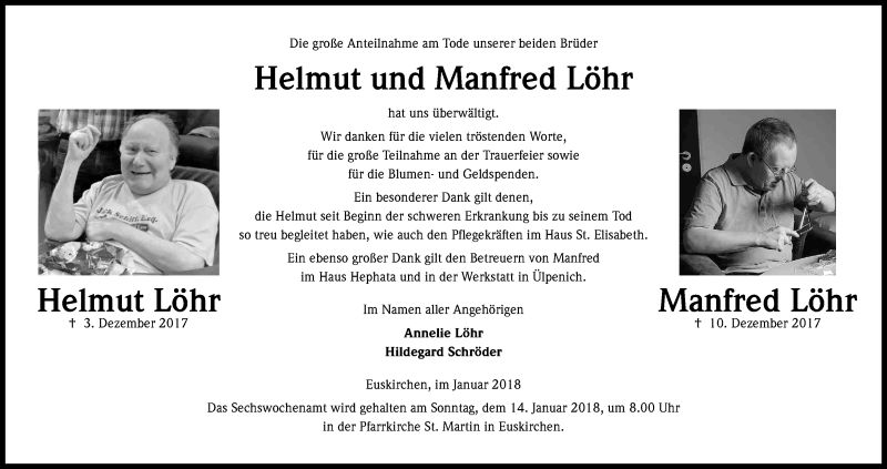  Traueranzeige für Manfred Löhr vom 06.01.2018 aus Kölner Stadt-Anzeiger / Kölnische Rundschau / Express