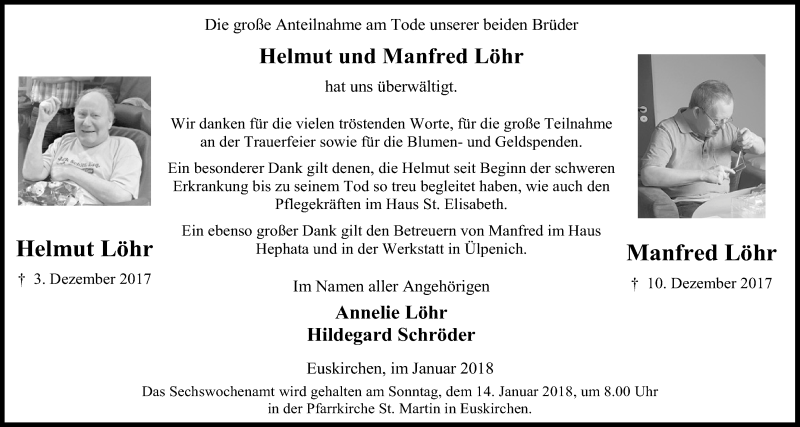  Traueranzeige für Manfred Löhr vom 06.01.2018 aus  Blickpunkt Euskirchen 