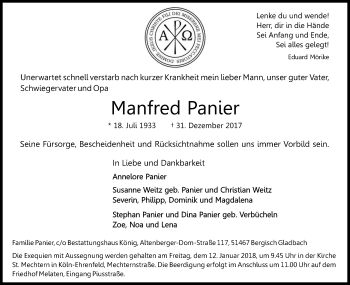 Anzeige von Manfred Panier von Kölner Stadt-Anzeiger / Kölnische Rundschau / Express