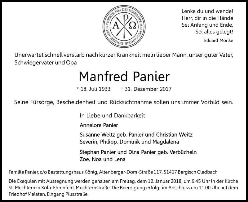  Traueranzeige für Manfred Panier vom 09.01.2018 aus Kölner Stadt-Anzeiger / Kölnische Rundschau / Express